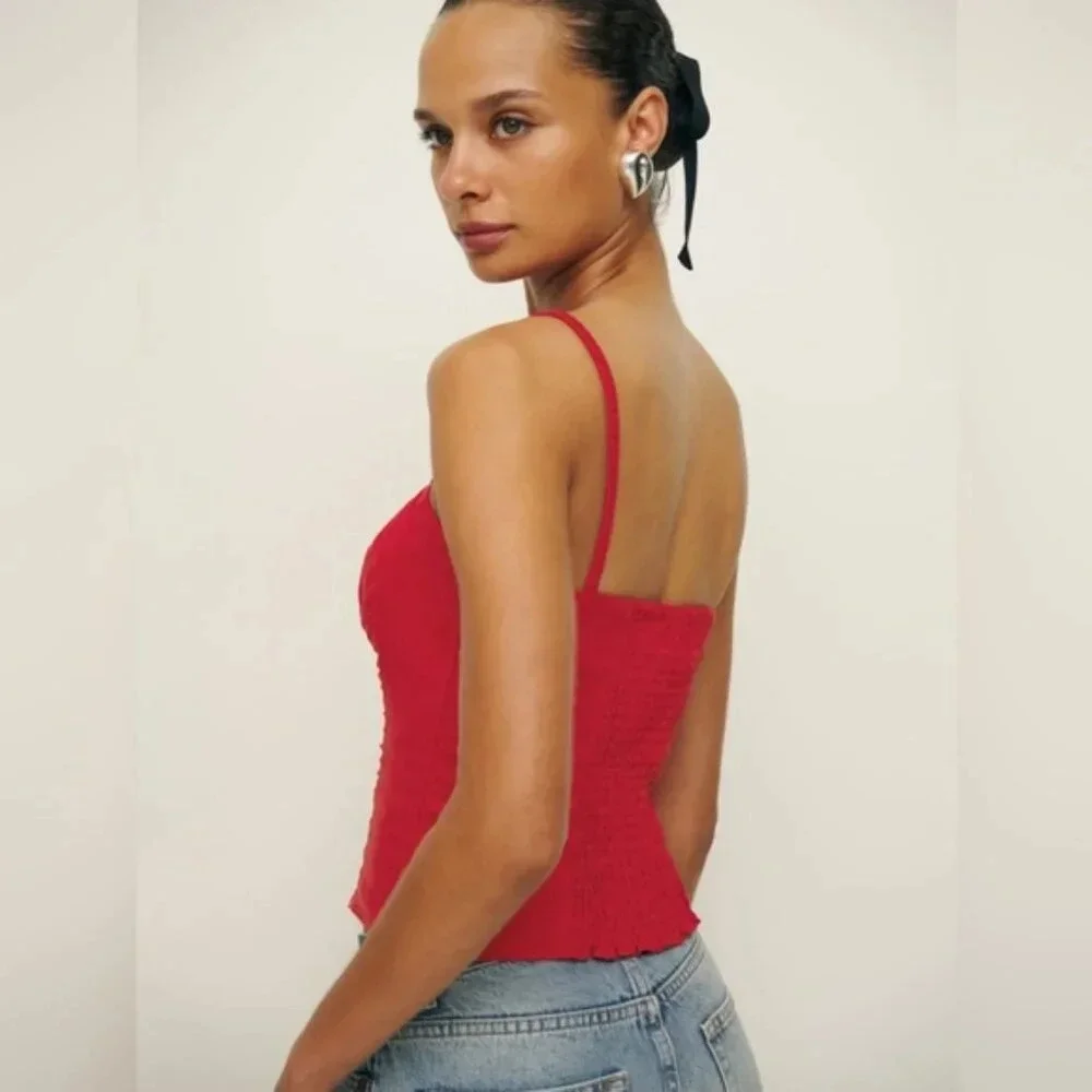 NEW Reformation Emery Linen Top in Lipstick Red Flower Detail | size 0 - Picture 3 of 11